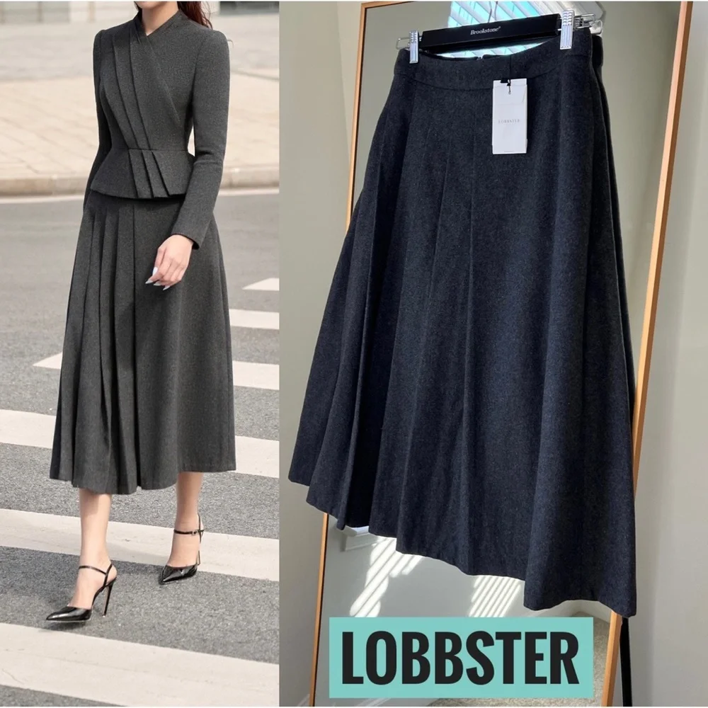 NWT🔖Lobbster Vietnamese Designer Brand Grey Draped Midi Skirt Wool A-line - Picture 10 of 10